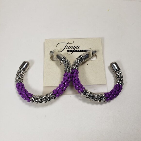 Silver tone and Purple beaded Half Hoop Teardrop Earrings - Picture 4 of 8